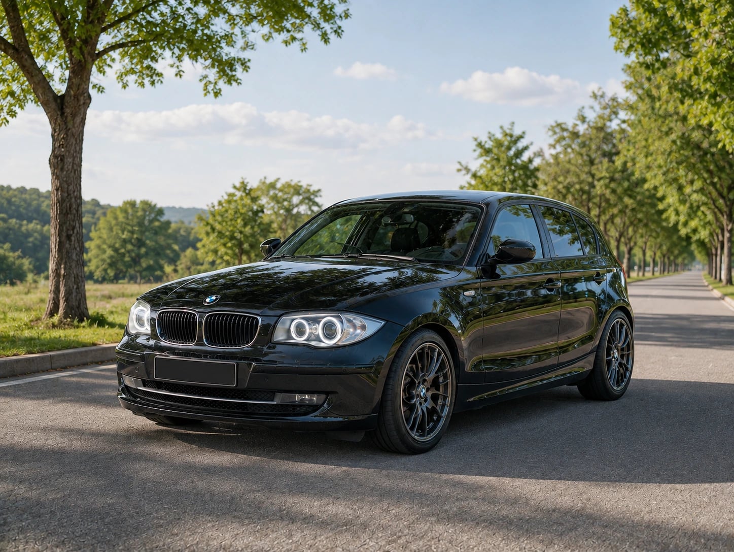 BMW preta em uma estrada arborizada durante o dia