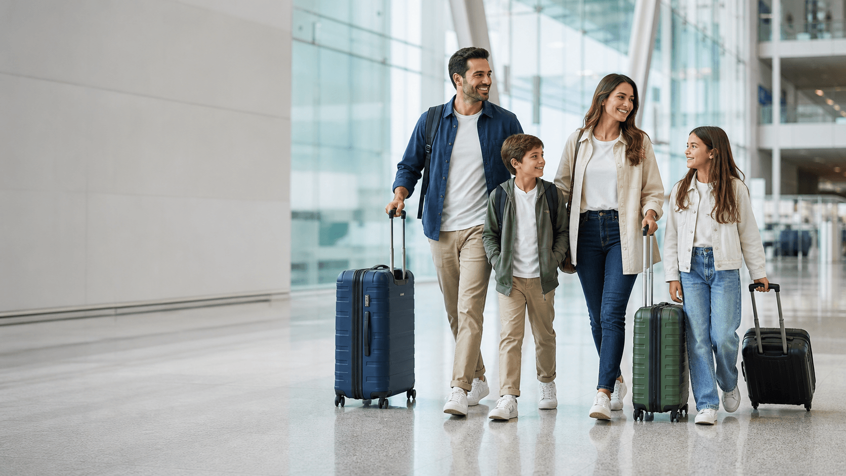 Família viajando com malas em um aeroporto
