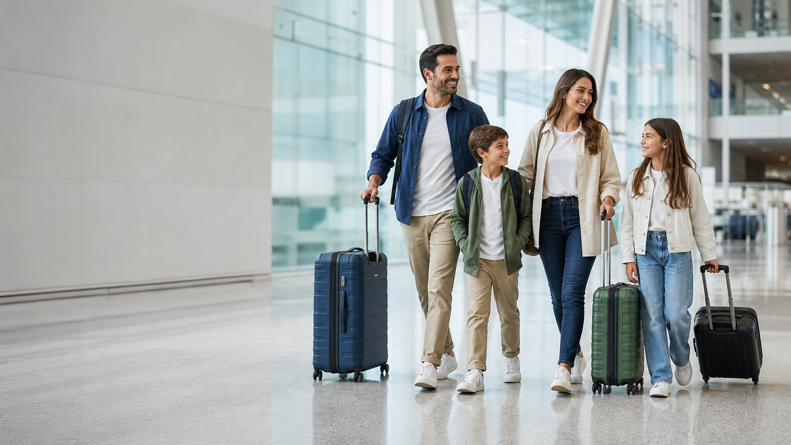 Família viajando com malas em um aeroporto